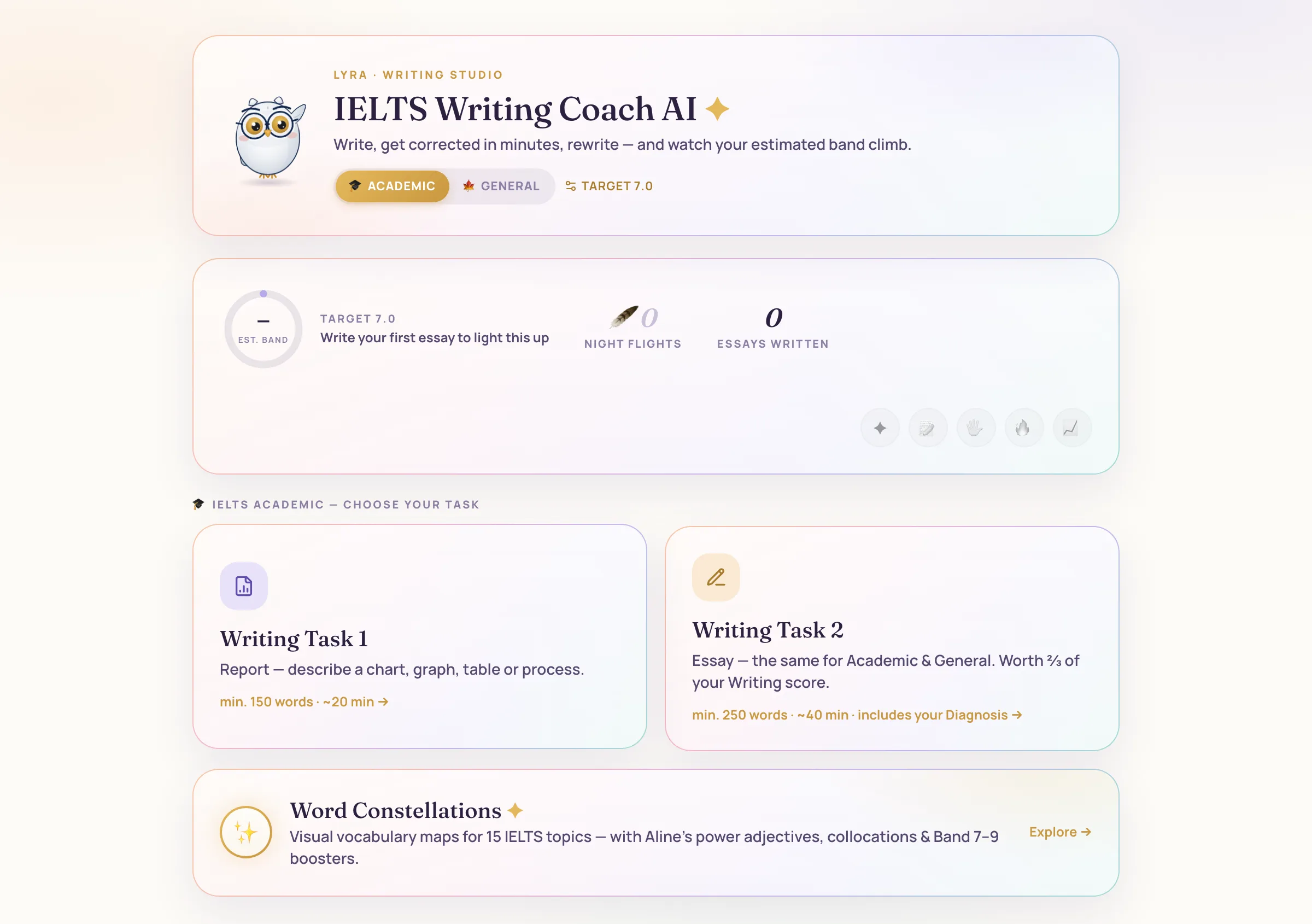 Real IELTS Writing Coach AI dashboard: choose Task 1 or Task 2, track your estimated band and explore Word Constellations
