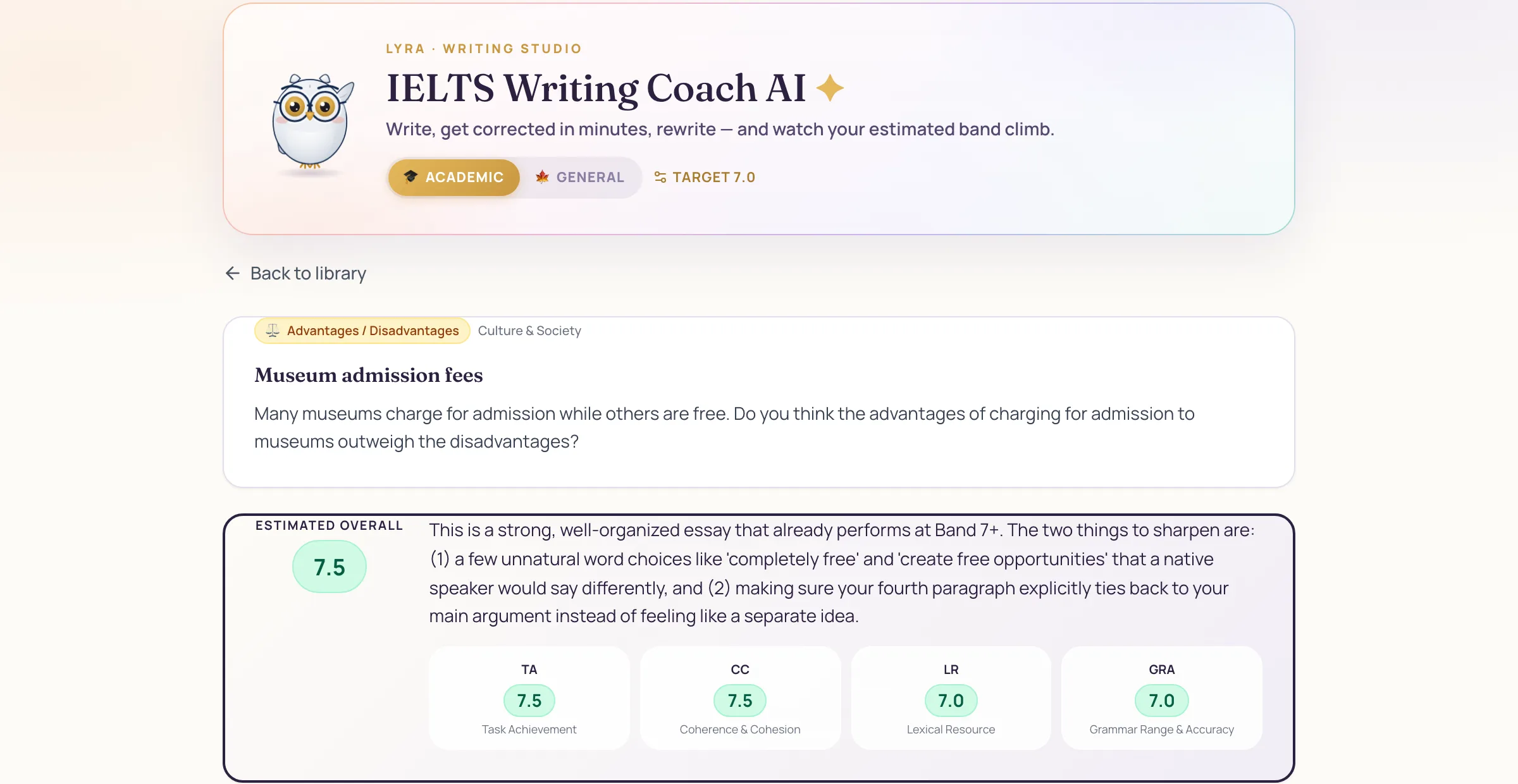 Real IELTS Writing Coach AI correction report: estimated overall band and scores for the four official criteria