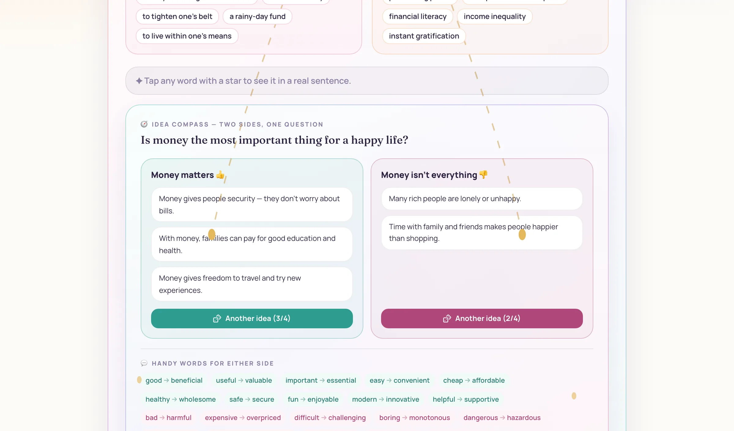 Real screenshot: Idea Compass with ready-to-use ideas for both sides of the question, plus vocabulary branches and word upgrades