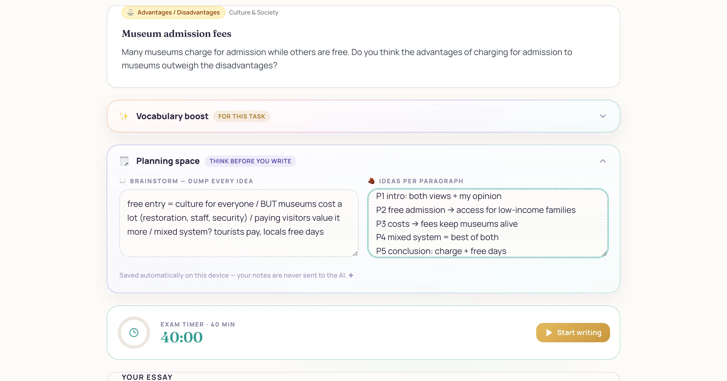 Real screenshot: planning space with brainstorm and ideas-per-paragraph boxes, task-specific vocabulary boost and the 40-minute exam timer