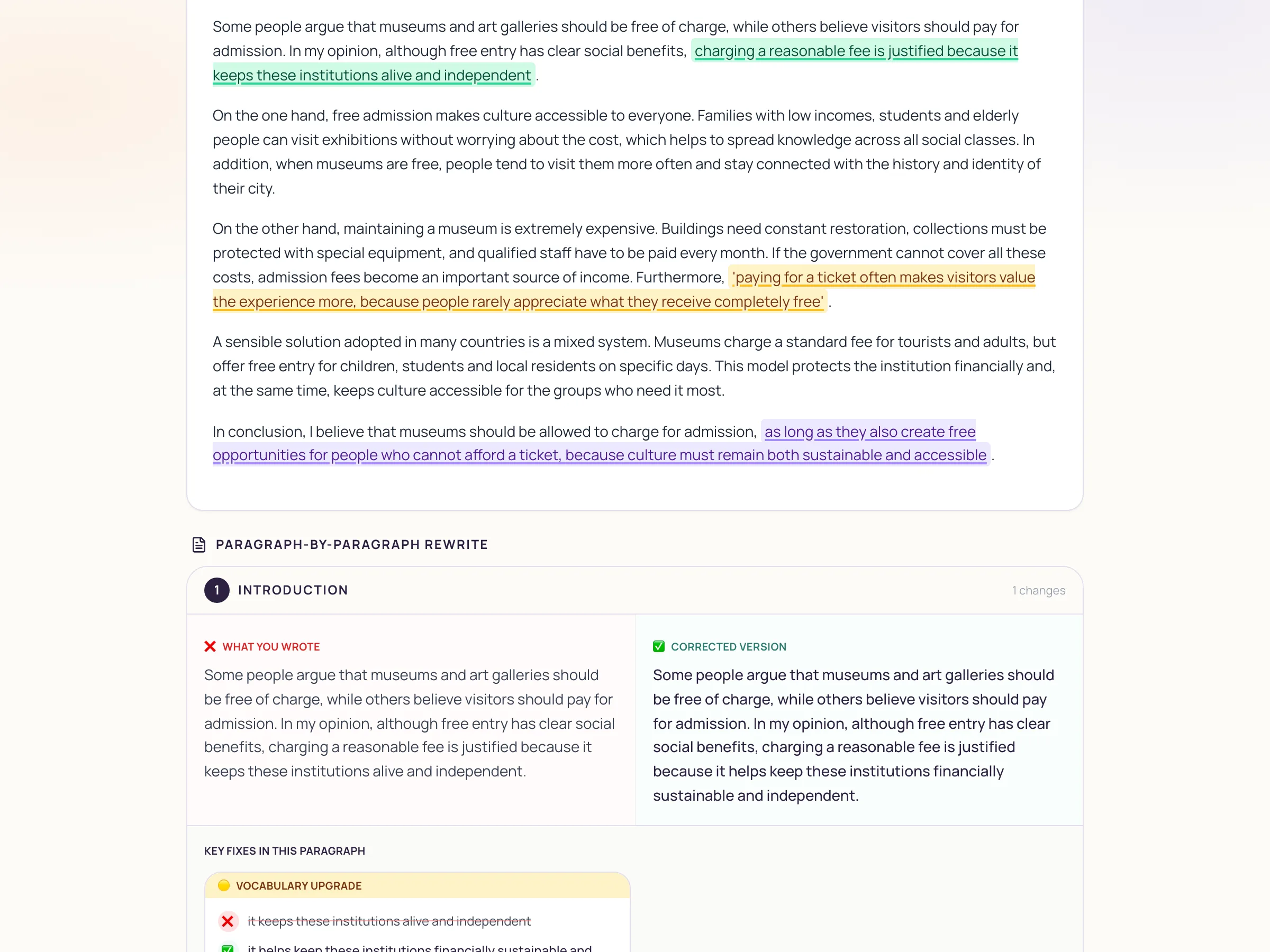 Real screenshot: essay with color-coded sentence highlights and paragraph-by-paragraph rewrite showing what you wrote versus the corrected version